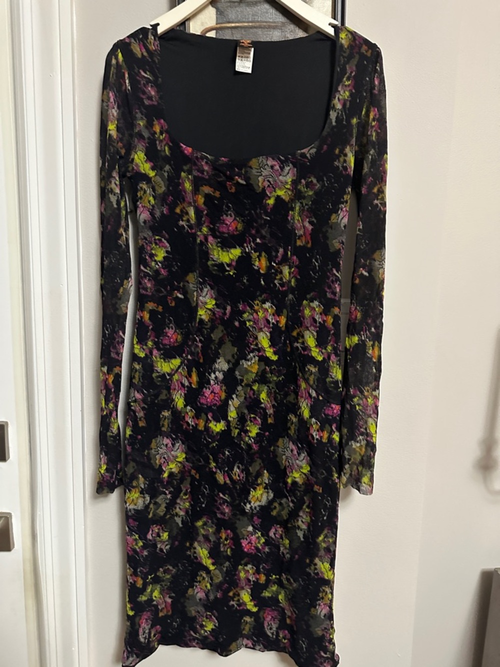 Jean Paul Gaultier Black Long-Sleeve Floral Scoop Dress with Pink & Lime Accents